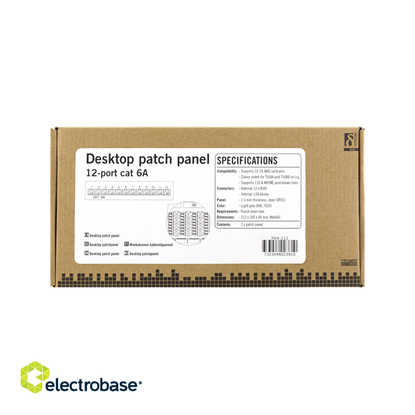 DELTACO Patch Panel, 12xRJ45, Cat6a, Wall Mountable, 10Gbps, Krone Terminals, Metal, Gray / PAN-212 image 2