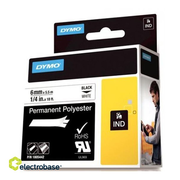 DYMO Rhino Professional, noticeable permanent polyester tape, 6mm, black text on white tape, 5.5m 1805442