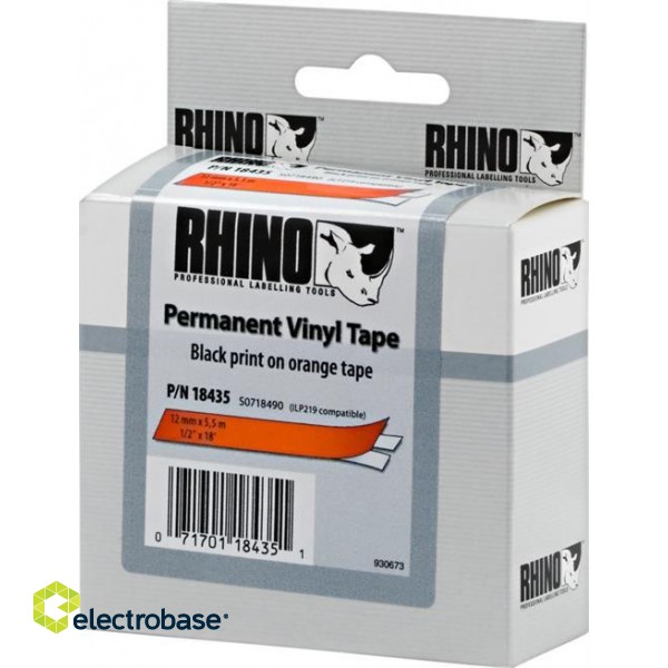 DYMO Rhino Professional, noticeable permanent vinyl tape, 12 mm, black text on orange tape, 5.5 m 18435