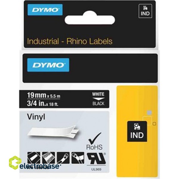 DYMO Rhino Professional, noticeable permanent vinyl tape, 19 mm, white text on black tape, 5.5m / 1805436
