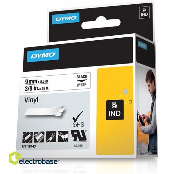 DYMO Rhino Professional, noticeable permanent vinyl tape, 9 mm, black text on white tape, 5.5 m 18443