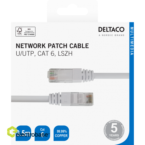 Network cable DELTACO U/UTP Cat6, 0.5m, white / TP-60V-K / R00210001 image 3