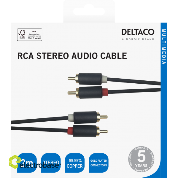 Audio cable DELTACO 2xRCA, gold-plated connectors, 2m, black / MM-110-K / R00170002 image 3