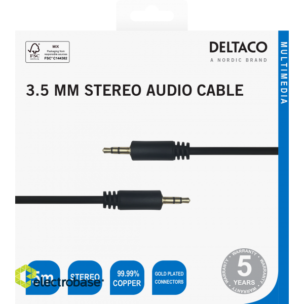 Audio cable DELTACO 3.5mm, gold-plated, 5m, black / MM-152-K / R00180010 image 3