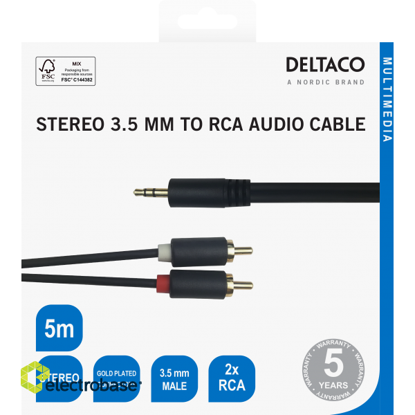 Audio cable DELTACO 3.5mm male - 2xRCA male 5m, black / MM-142-K / R00180006 image 3
