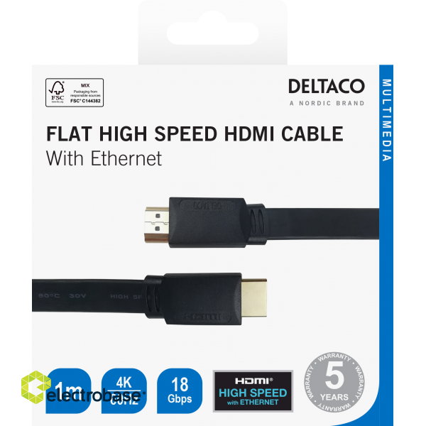 Cable DELTACO Flat High Speed with Ethernet HDMI, 4K UHD, 1m, black / HDMI-1010F-K / R00100002 image 3
