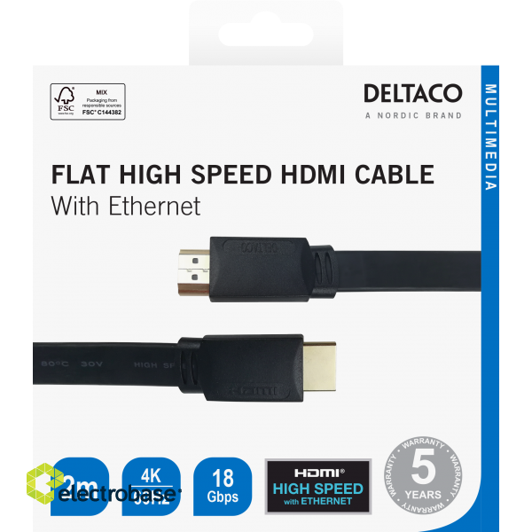 Cable DELTACO Flat High Speed with Ethernet HDMI, 4K UHD, 2m, black / HDMI-1020F-K / R00100005 image 3