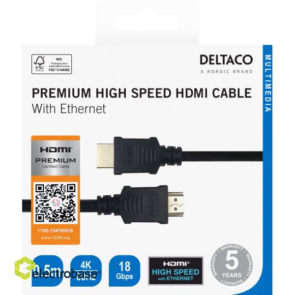 Cable DELTACO Premium High Speed HDMI, 4K UHD, 0.5m, black / HDMI-1005-K / R00100001 image 3