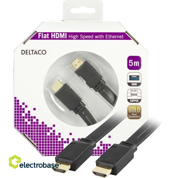 Кабель DELTACO HDMI-HDMI, плоский, 5.0m, черный / HDMI-1050F-K фото 1