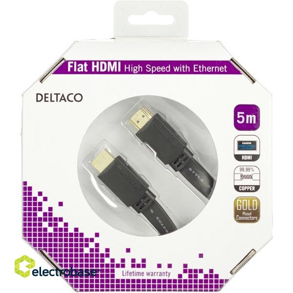 DELTACO plokščias HDMI kabelis, 4K, UltraHD - 30Hz, 5m, 19 pin ha-ha, juodas / HDMI-1050F-K paveikslėlis 3