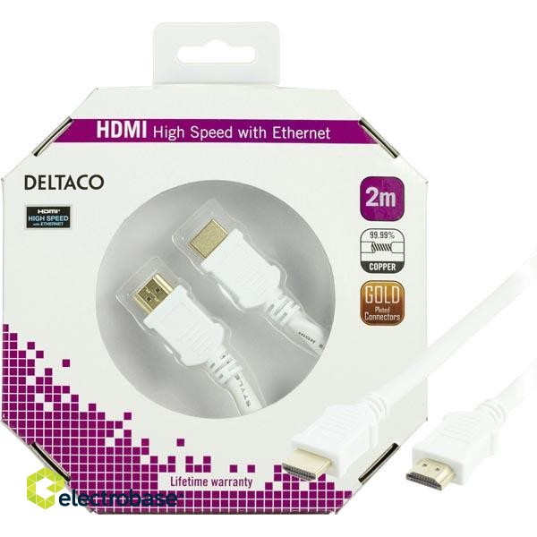 DELTACO HDMI Cable, 4K, UltraHD in 60Hz, 2m, gold plated connectors, 19 pin ha-ha, white / HDMI-1020A-K image 1