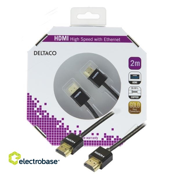 DELTACO thin HDMI cable, UltraHD in 60Hz, 2m, 19 pin ha-ha, black / HDMI-1092-K image 1