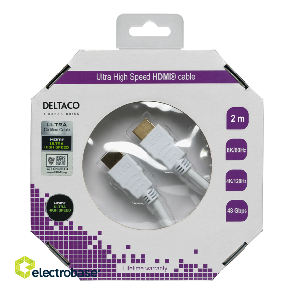 HDMI cable DELTACO ULTRA High Speed,  2m, eARC, QMS, 8K at 60Hz, 4K at 120Hz, white / HU-20A-K image 3