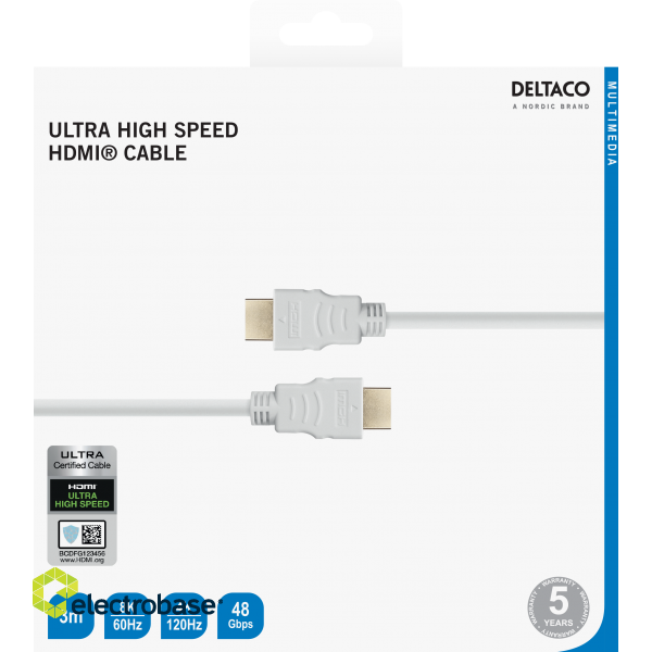 Ultra High Speed HDMI cable DELTACO ARC, QMS, 8K in 60Hz, 4K UHD in 120Hz, 3m, white / HU-30A-R image 4