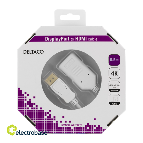 DELTACO DisplayPort to HDMI 2.0b cable, 4K at 60Hz, 0.5m, white / DP-HDMI35-K image 1