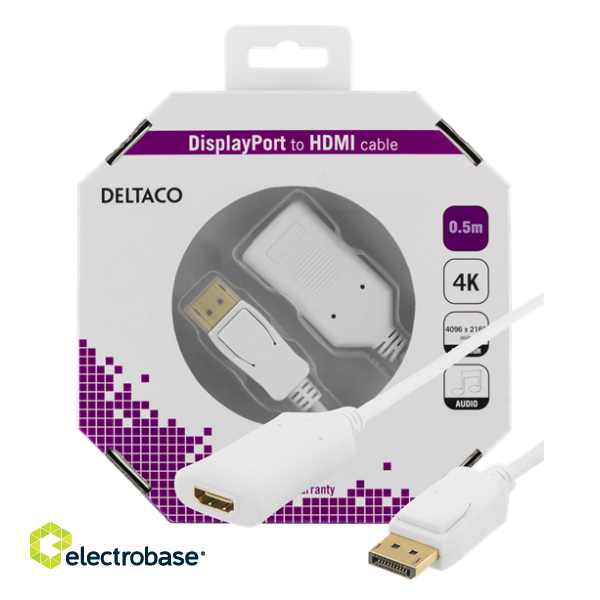 DELTACO DisplayPort to HDMI 2.0b cable, 4K at 60Hz, 0.5m, white / DP-HDMI35-K image 3