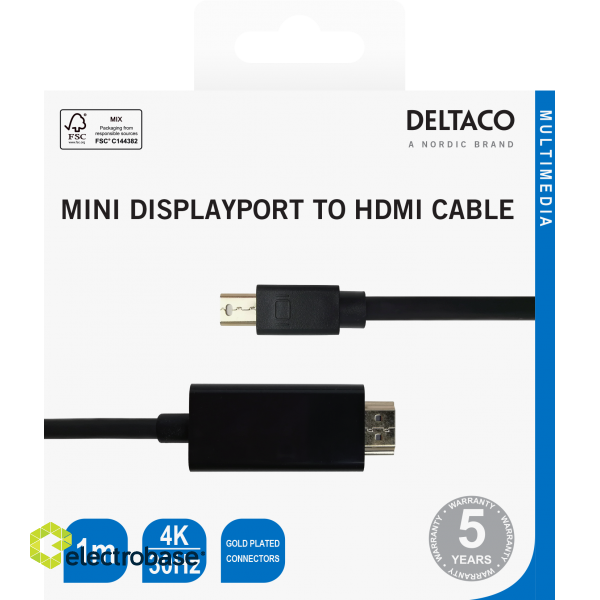 Cable DELTACO miniDisplayPort to HDMI cable, 4K UHD, 1m, black / DP-HDMI104-K / 00110019 image 3