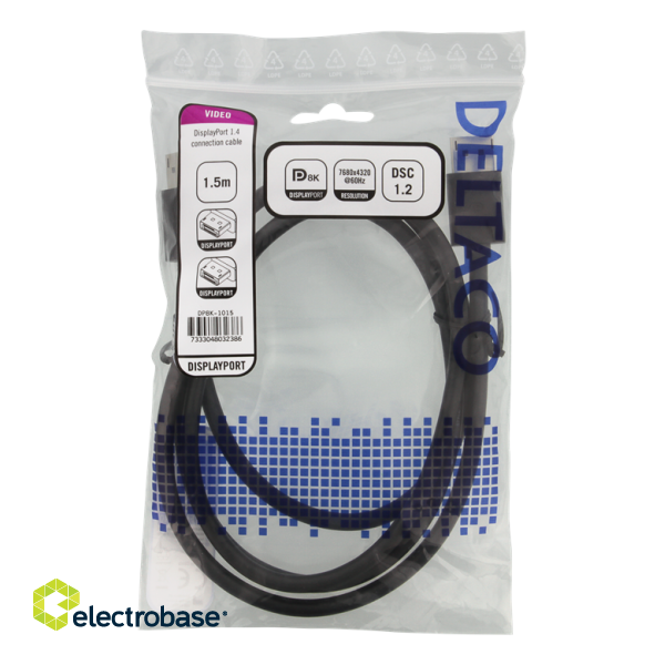 DELTACO 8k DisplayPort cable, DP 1.4, 7680x4320 in 60Hz, 1.5m, black DP8K-1015 image 2