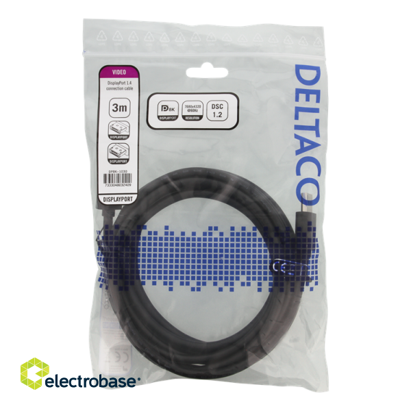 DELTACO DisplayPort cable, DP 1.4, 7680x4320 in 60Hz, 3m, black DP8K-1030 image 2
