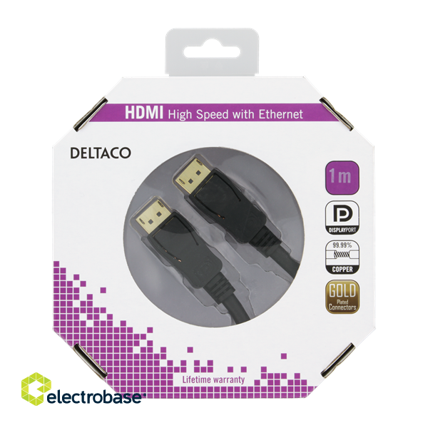 DELTACO PRME DisplayPort cable, Ultra HD @60Hz, 21.6 Gb/s, 1m, black DP-1010-K image 2