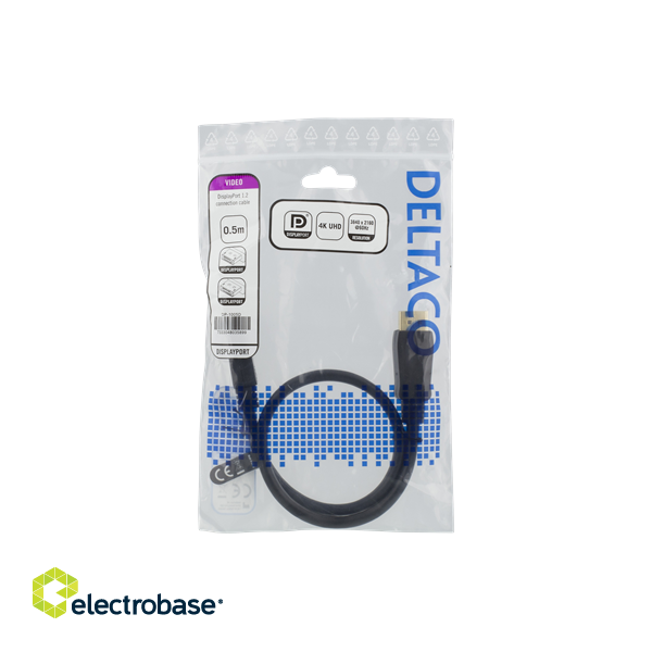 DisplayPort cable, 0,5m, 4K UHD, DP 1.2 DELTACO black / DP-1005D  image 1