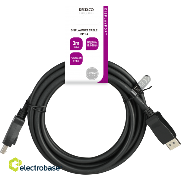 DisplayPort cable DELTACO 3m, 8K, DP 1.4, DSC 1.2, LSZH black / DP8K-1030-LSZH