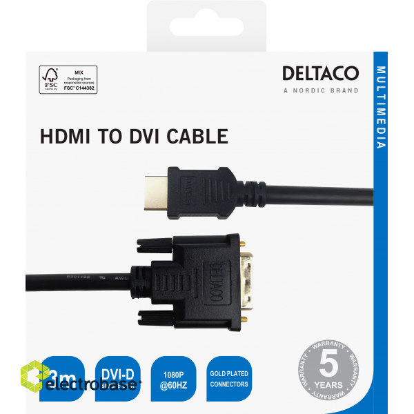 HDMI to DVI cable DELTACO 1080p, DVI-D Single Link, 3m, black / HDMI-113-K / R00100023 image 3