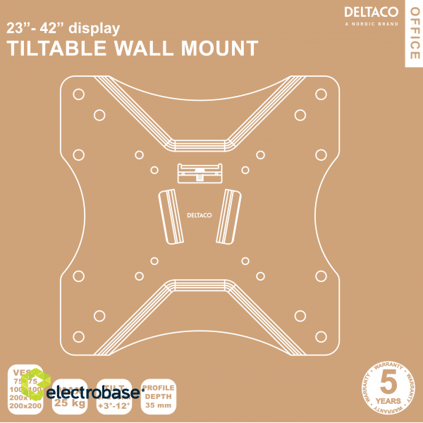 Wall mount DELTACO OFFICE tilt, 23"-42", 25kg, 75x75-200x200, 25kg, black / ARM-0103