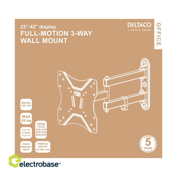 Wall mount DELTACO OFFICE fully articulated, 23"-42", tiltable, swivel, 25kg, black / ARM-0253 image 7