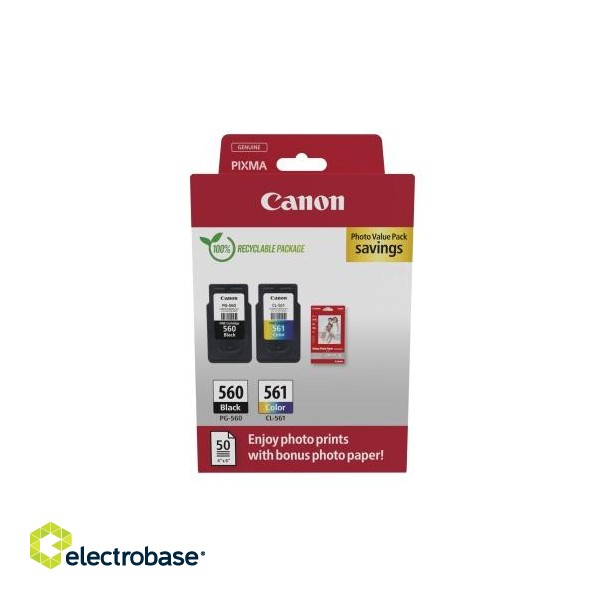 Canon CRG PG-560/CL-561 + Photo Paper Value Pack (3713C008) Ink Cartridge Multipack, BK/CMY image 1