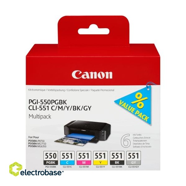 Canon PGI-550/CLI-551 (6496B005) 6 Ink Cartridge Multipack, PGBK/C/M/Y/BK/GY image 1