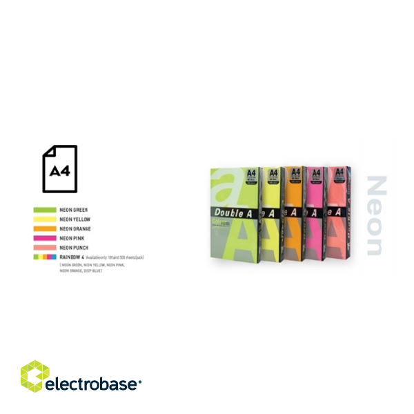 Color Neon paper Double A, 75g, A4, 100 sheets, Rainbow 4, 5 Neon Colors image 2
