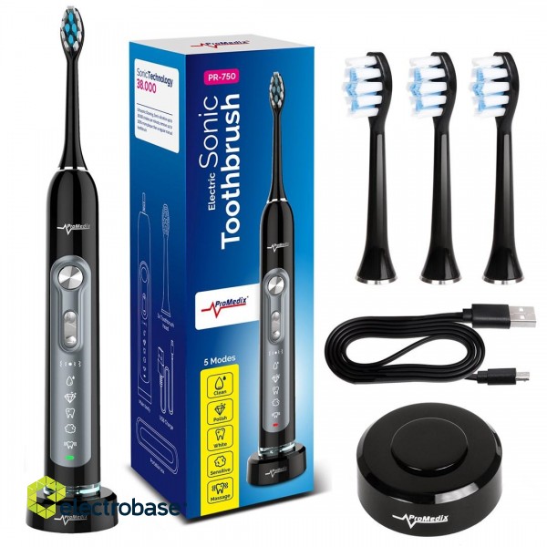 Promedix PR-750 B Electric Sonic Toothbrush IPX7 Black, Travel Case, 5 Operation Modes, Timer, 3 Power Levels, 3 Exchangable Heads paveikslėlis 3