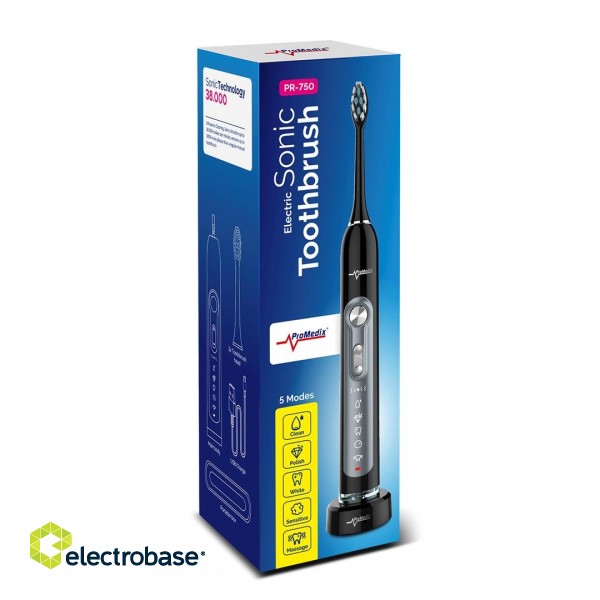Promedix PR-750 B Electric Sonic Toothbrush IPX7 Black, Travel Case, 5 Operation Modes, Timer, 3 Power Levels, 3 Exchangable Heads paveikslėlis 6