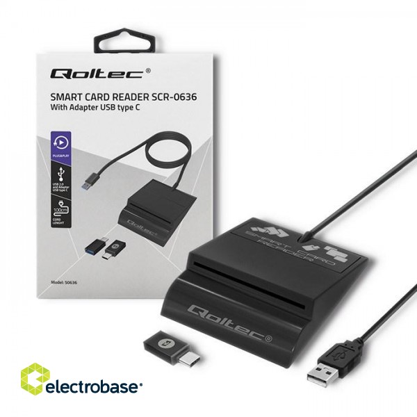 Qoltec 50636 Intelligent Smart ID chip card reader SCR-0636 | USB type C paveikslėlis 1