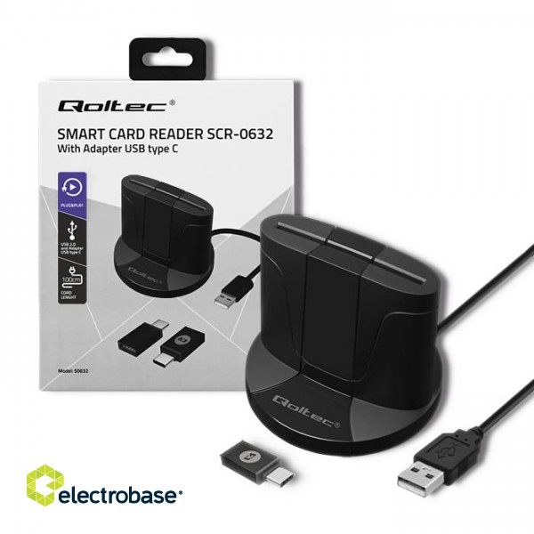 Qoltec 50634 Intelligent Smart ID chip card reader SCR-0634 | USB Type C image 1