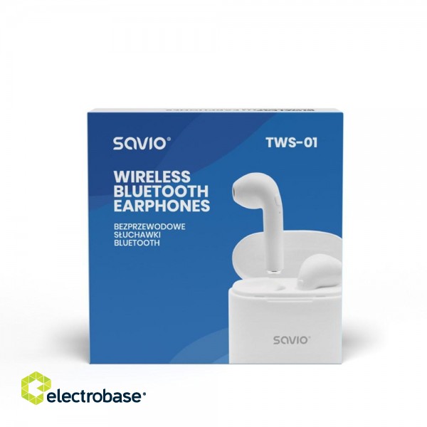 Savio TWS-01 Wireless Bluetooth Earphones, White фото 6