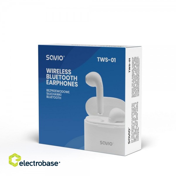 Savio TWS-01 Wireless Bluetooth Earphones, White image 7
