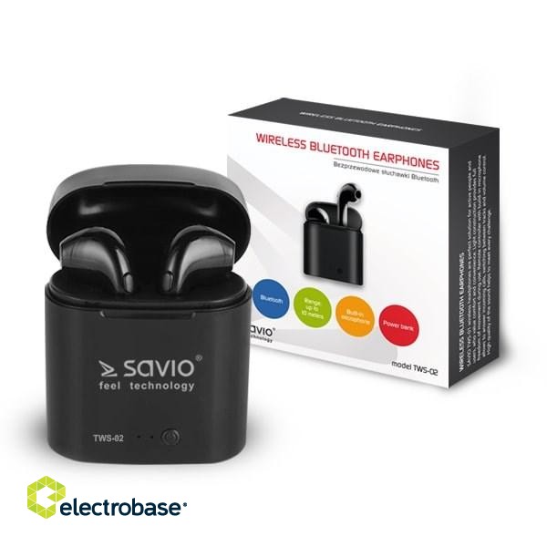 Savio TWS-02 Wireless Bluetooth Earphones, Black image 3