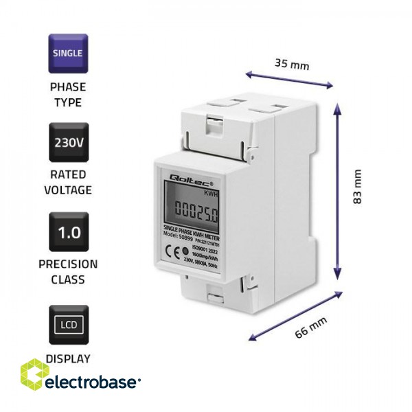 Qoltec 50899 Single phase electronic energy consumption meter | 230 V | LCD | 2P | DIN rail image 3