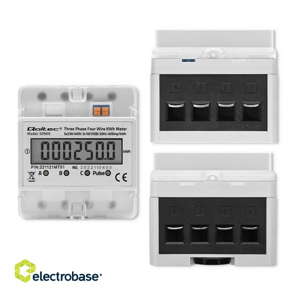 Qoltec 50900 Three phase electronic energy consumption meter | 400V | LCD | 4P | DIN rail image 4