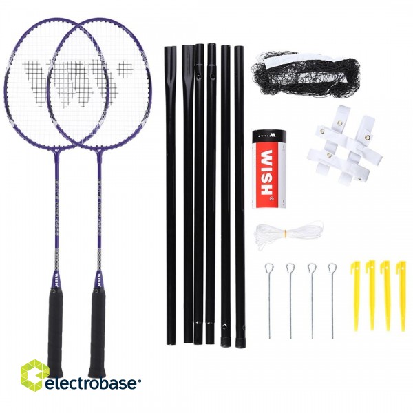 Wish Alumtec badminton racket set 4466 2 purple rackets + 3 shuttlecocks + net + lines image 1