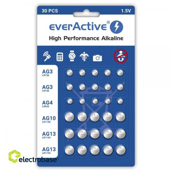 Mini alkaline battery Set everActive 10 x G3 / LR41, 5 x G4 / LR626, 5 x G10 / LR1130, 10 x G13 / LR1154