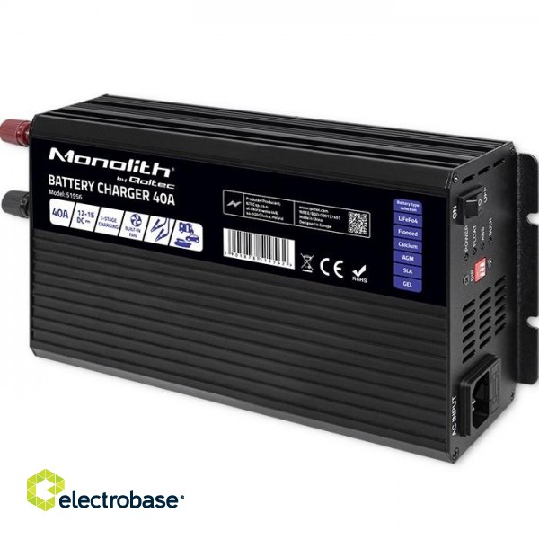 Qoltec 51956 Smart Monolith charger for LiFePO4 AGM GEL SLA batteries | 40A | 12V image 1