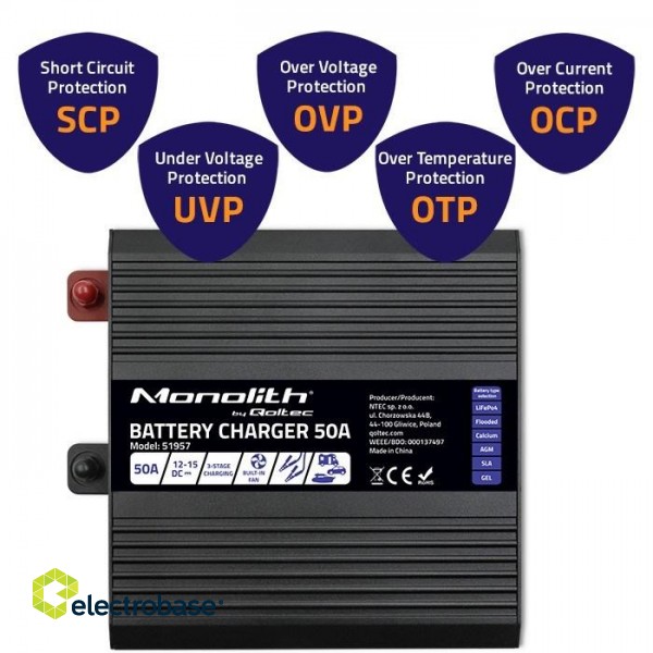 Qoltec 51957 Smart Monolith charger for LiFePO4 AGM GEL SLA batteries | 50A | 12V фото 4