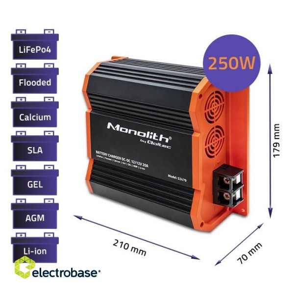 Qoltec 52479 Monolith DC-DC charger for LiFePO4 AGM 12V batteries | 20A | 250W image 3