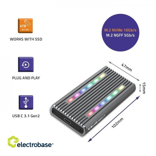 Qoltec 52272 Enclosure for drive M.2 SSD | SATA | NVMe | RGB LED | USB-C | 4TB фото 3