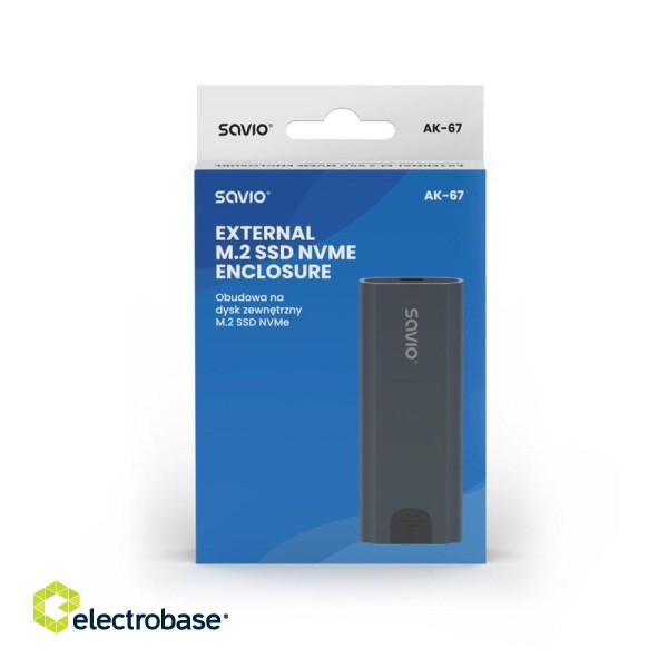 Savio M.2 SSD NVMe external drive enclosure, USB-C 3.1, AK-67, grey фото 4