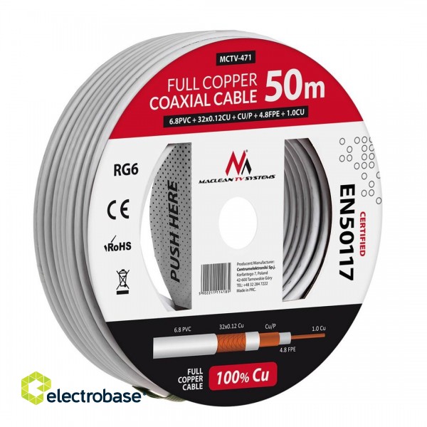 Maclean Coaxial Cable, Satellite Antenna Cable, RG6 1.02CU+4.8FPE+CU/P+32*0.12CU+6.8PVC, 50M, MCTV-471 image 6