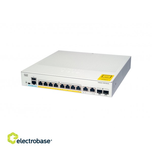 Cisco Catalyst 1000-8FP-E-2G-L Network Switch, 8 Gigabit Ethernet PoE+ Ports, 120W PoE Budget, two 1 G SFP/RJ-45 Combo Ports, Fanless Operation, Enhanced Limited Lifetime Warranty (C1000-8FP-E-2G-L) paveikslėlis 1